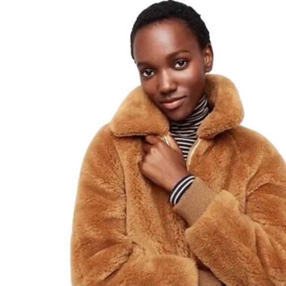 J. Crew Faux Fur Full Zip Bomber Jacket Womens 2X Cognac Preppy Designer Outdoor - Picture 5 of 15
